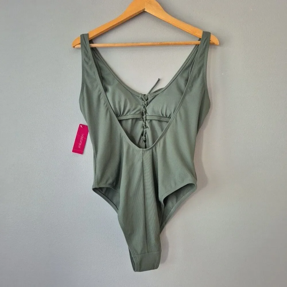 Xhilaration Olive Green One Piece Lace Up Ribbed Swimsuit Womens Large